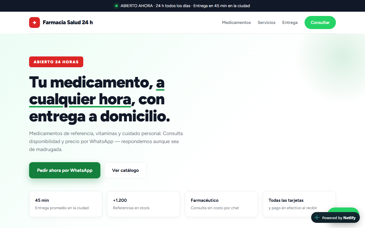 Vista previa real: Farmacia con servicios